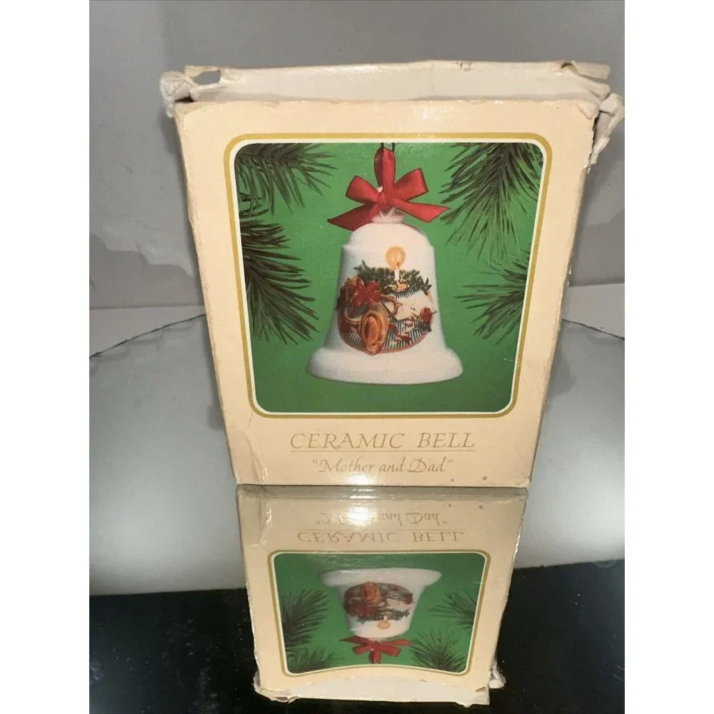 Mother Mom and Dad Christmas Ornament‎ 1984 Ceramic Bell Hallmark Keepsake MIB